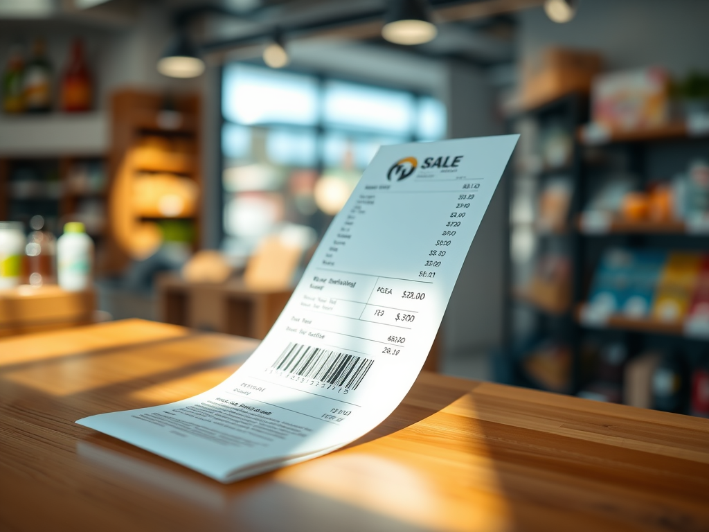 Imagem gerada por Inteligência Artificial mostra um cupom fiscal em primeiro plano e um comércio ao fundo